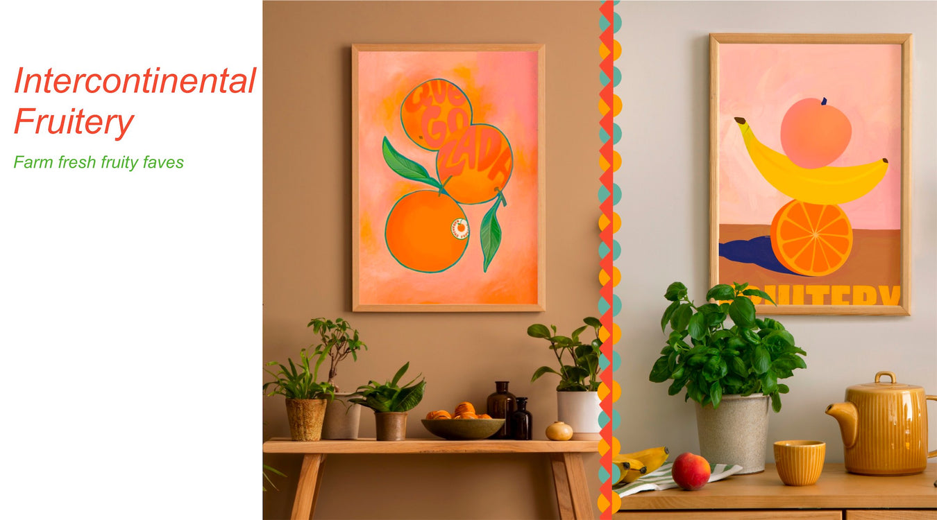 2 framed artworks from the intercontinental fruitery series