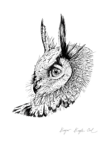 Eager Eagle Owl Matte Art Print Ink Drawings A5 (14.8 X 21 cm) Art Print
