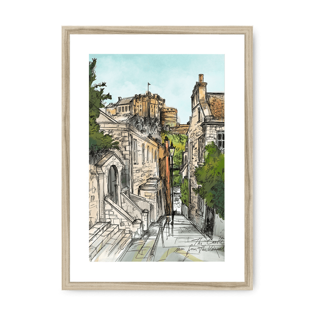 The Castle Viewed From The Vennel Framed Print Essential Edinburgh A3 (297 X 420 mm) / Natural / White Mount Framed Print