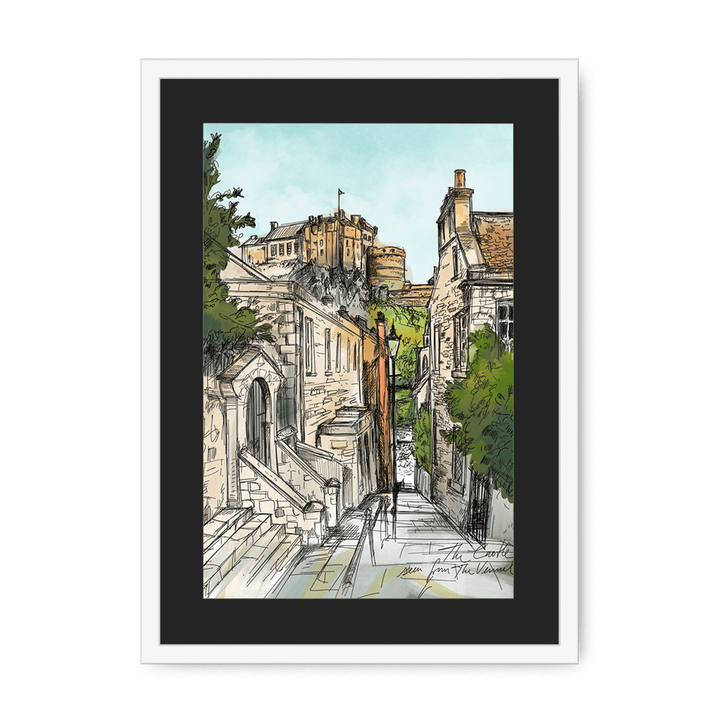 The Castle Viewed From The Vennel Framed Print Essential Edinburgh A3 (297 X 420 mm) / White / Black Mount Framed Print