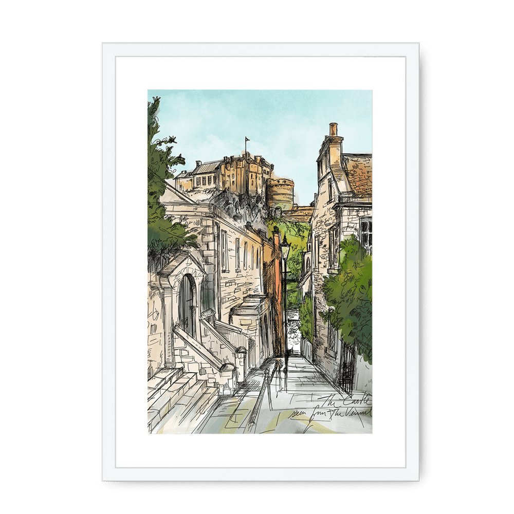 The Castle Viewed From The Vennel Framed Print Essential Edinburgh A3 (297 X 420 mm) / White / White Mount Framed Print