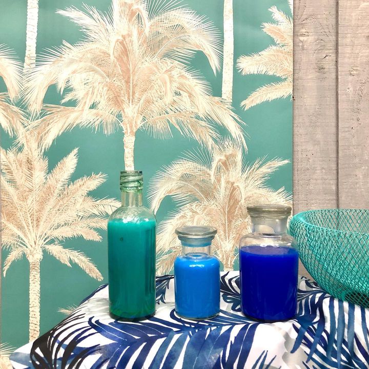 Image of Turquoise-Aqua-Turquoise-Feather-Mason jar-Palm tree-Drink---1655033677991111