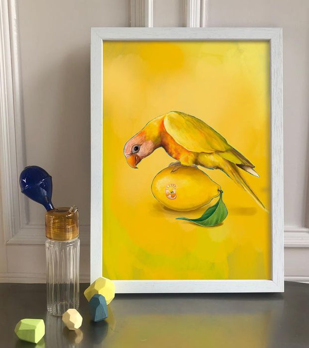 Image of Picture frame-Paint-Yellow-Art-Painting-Rectangle-Drinkware-Visual arts-Bird-505065164965083