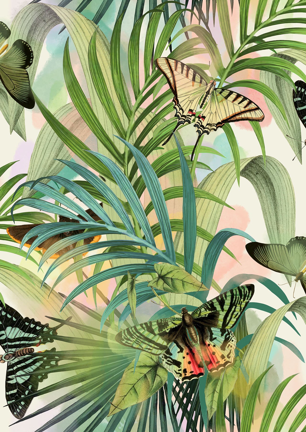 Illustration of tropical green leaves with several colorful butterflies perched on and around the foliage, set against a pastel background.