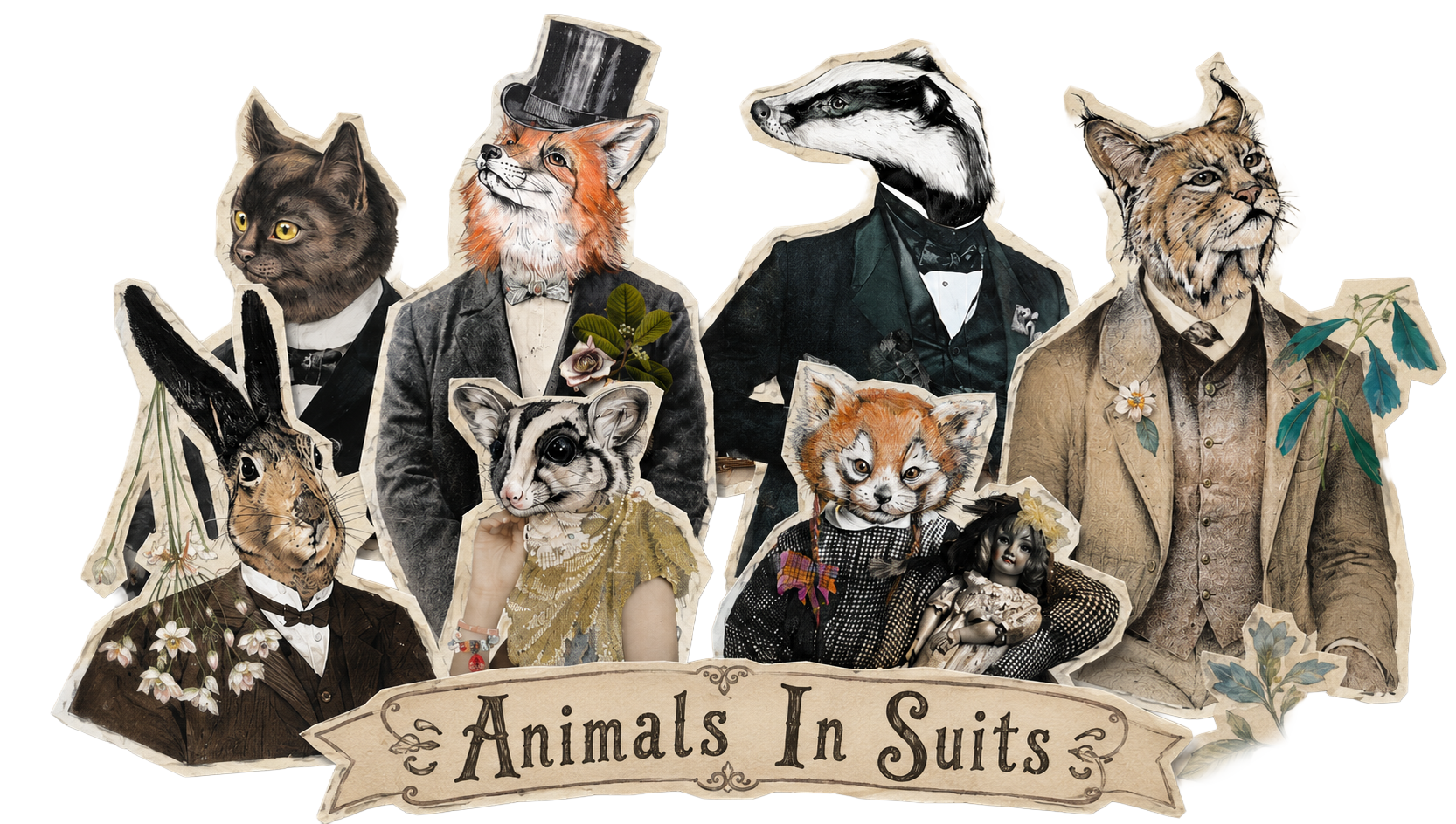 A vintage-style illustration of various animals, including a fox, badger, cat, rabbit, and others, dressed in formal suits and dresses, with floral decorations and the text “Animals In Suits” below.