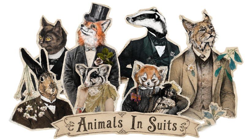 A vintage-style illustration of various animals, including a fox, badger, cat, rabbit, and others, dressed in formal suits and dresses, with floral decorations and the text “Animals In Suits” below.
