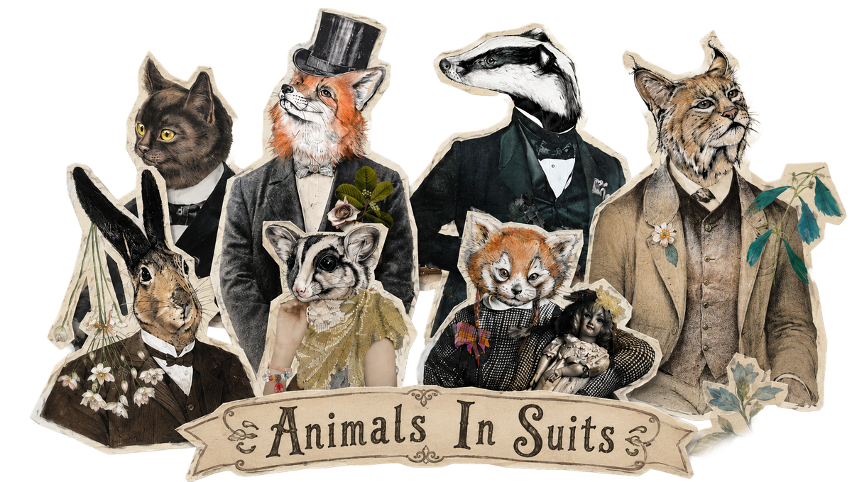 A vintage-style illustration of various animals, including a fox, badger, cat, rabbit, and others, dressed in formal suits and dresses, with floral decorations and the text “Animals In Suits” below.