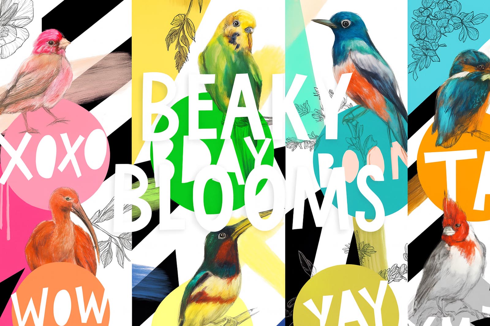 Illustrated colorful birds on vibrant backgrounds with large white text reading "BEAKY BLOOMS"; words like "XOXO," "WOW," "YAY," and "TA" appear in circles.