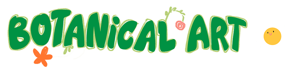 The text "Botanical Art" in bold green letters with playful flower and plant illustrations around and within the letters.