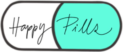 An illustration of a capsule split in half vertically; the left half says "Happy" and the right half says "Pills" in a handwritten font.