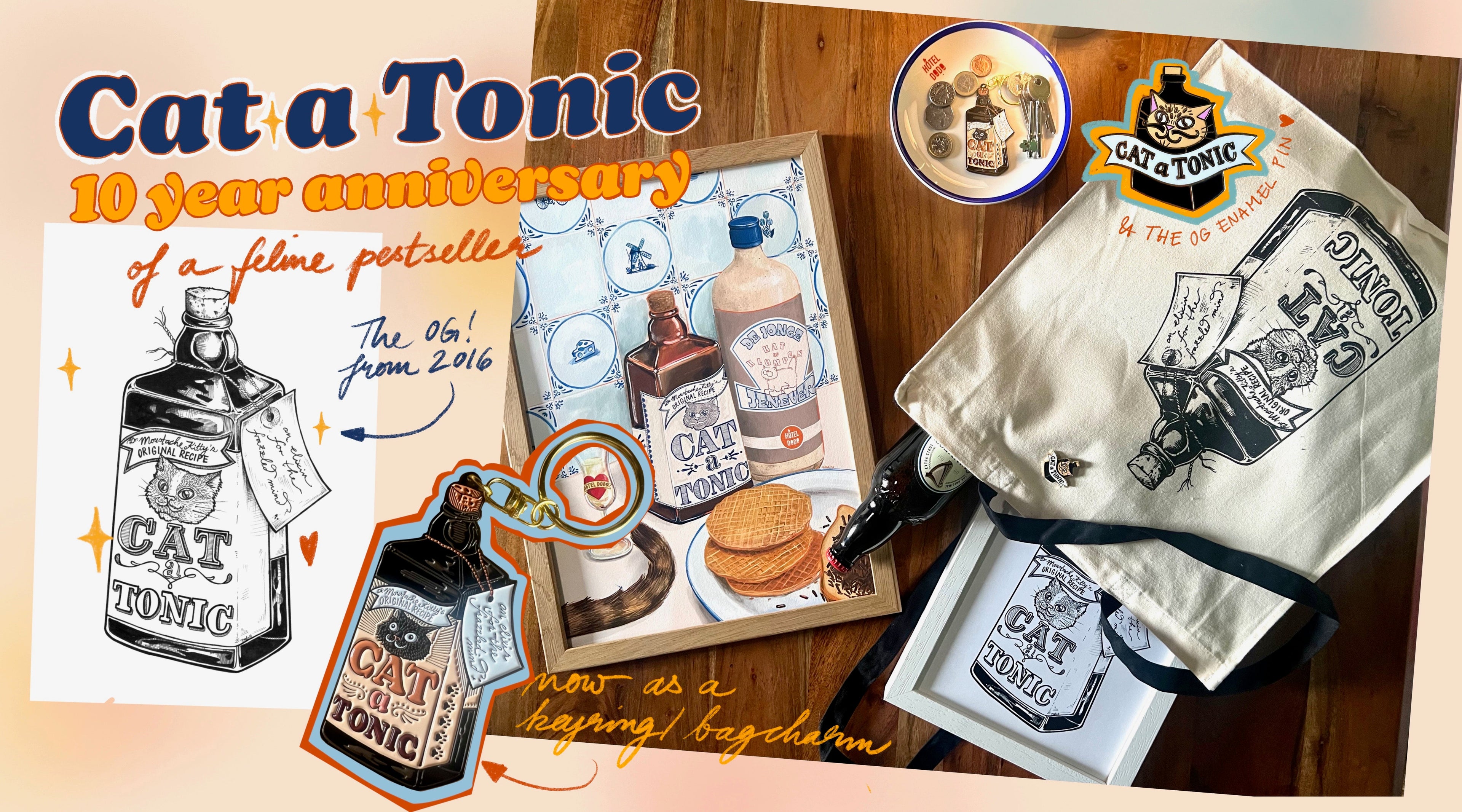 Cat a Tonic 10-year anniversary promotional display featuring illustrated products, tote bag, cookies, keychain, and anniversary text on a decorated background.