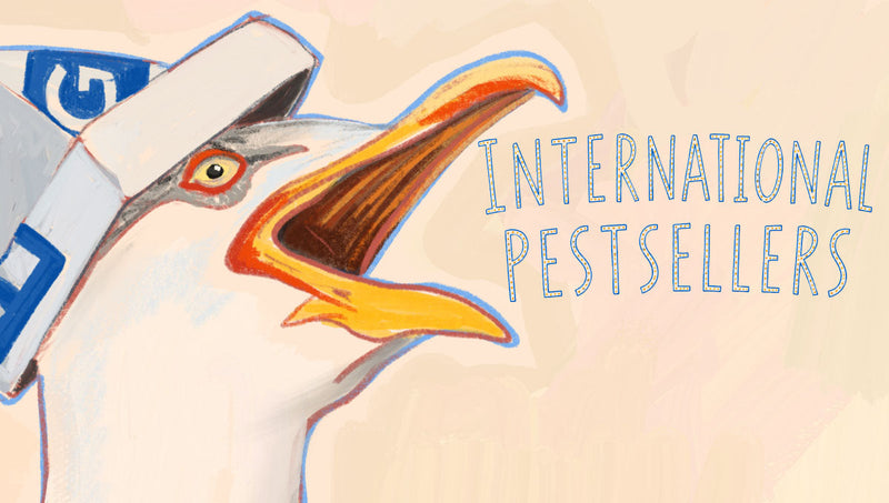 Illustration of a seagull wearing a blue and white cap with its beak open, next to the text “INTERNATIONAL PESTSELLERS” on a beige background.