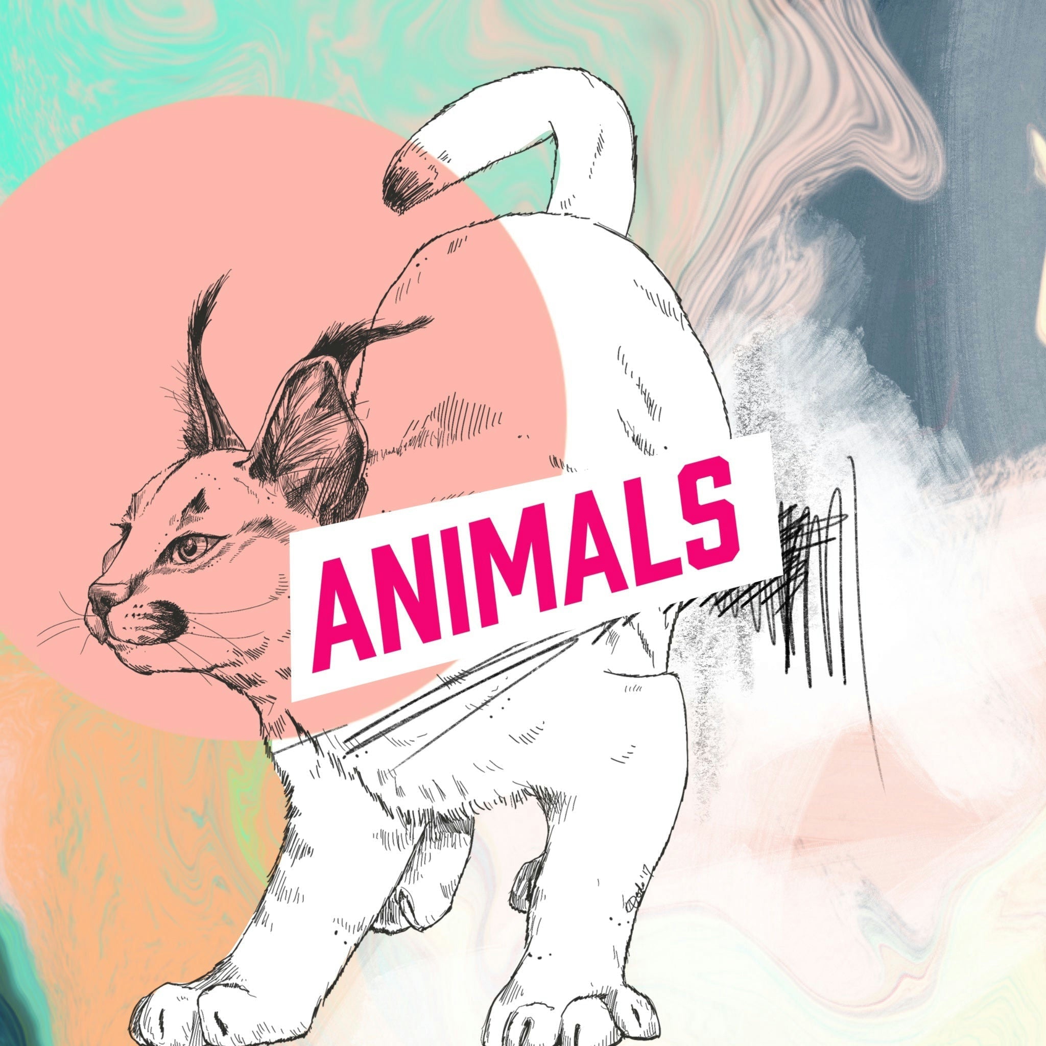 A sketch of a wild cat with large ears stands on a pastel abstract background. A pink circle and a bold "ANIMALS" label partially cover the cat.