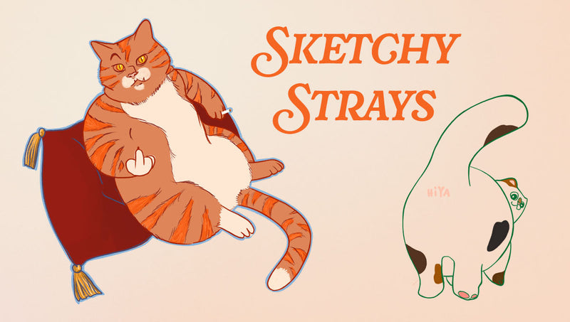 Illustration of two cats; one orange tabby reclining on a cushion while raising its middle finger, and one white cat with patches showing its back and tail, with “Sketchy Strays” text in orange.
