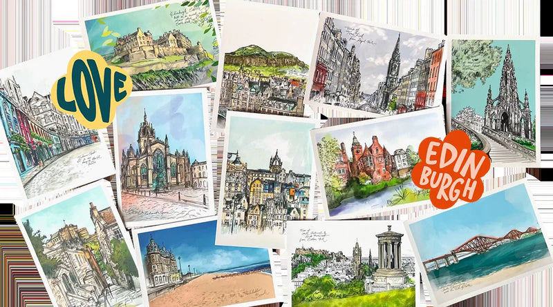 A collage of watercolor and ink sketches of various landmarks and cityscapes in Edinburgh, with "LOVE" and "EDINBURGH" text cutouts included.