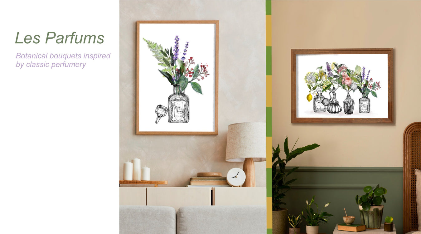 2 pieces of wall art featuring flowers in perfume bottle vases