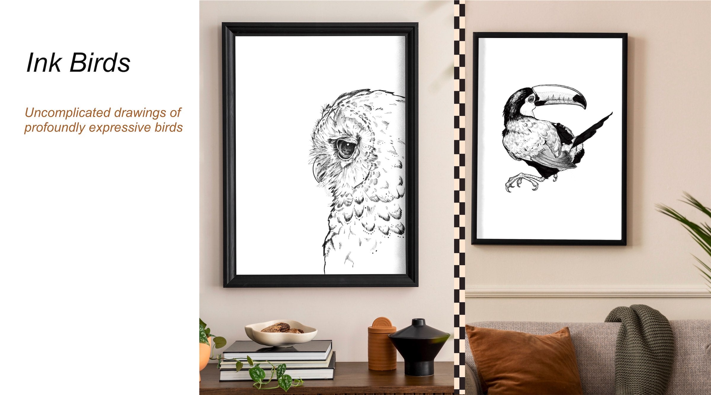 Artwork featuring an owl and a toucan