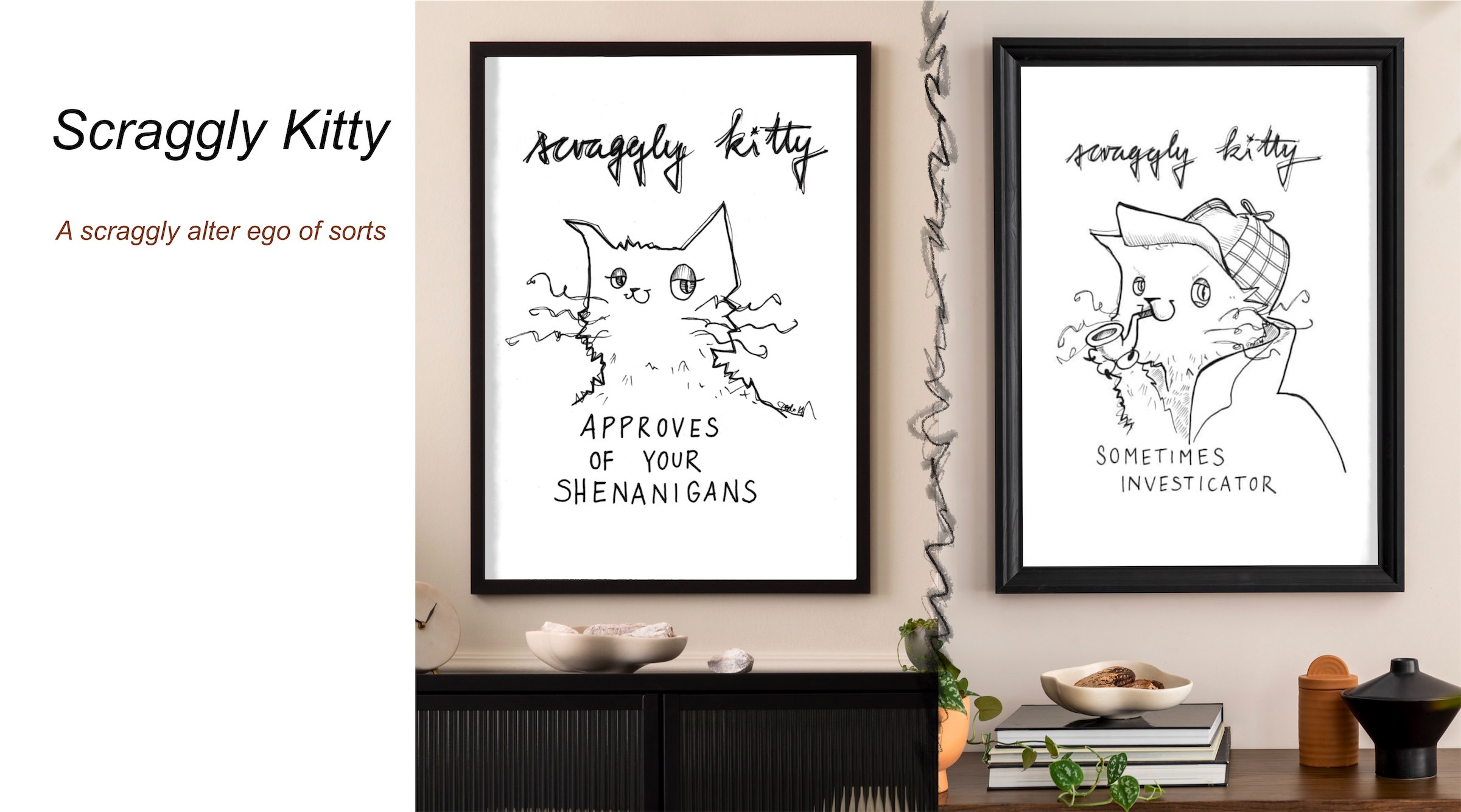 Framed Artwork of Ink Cat Series