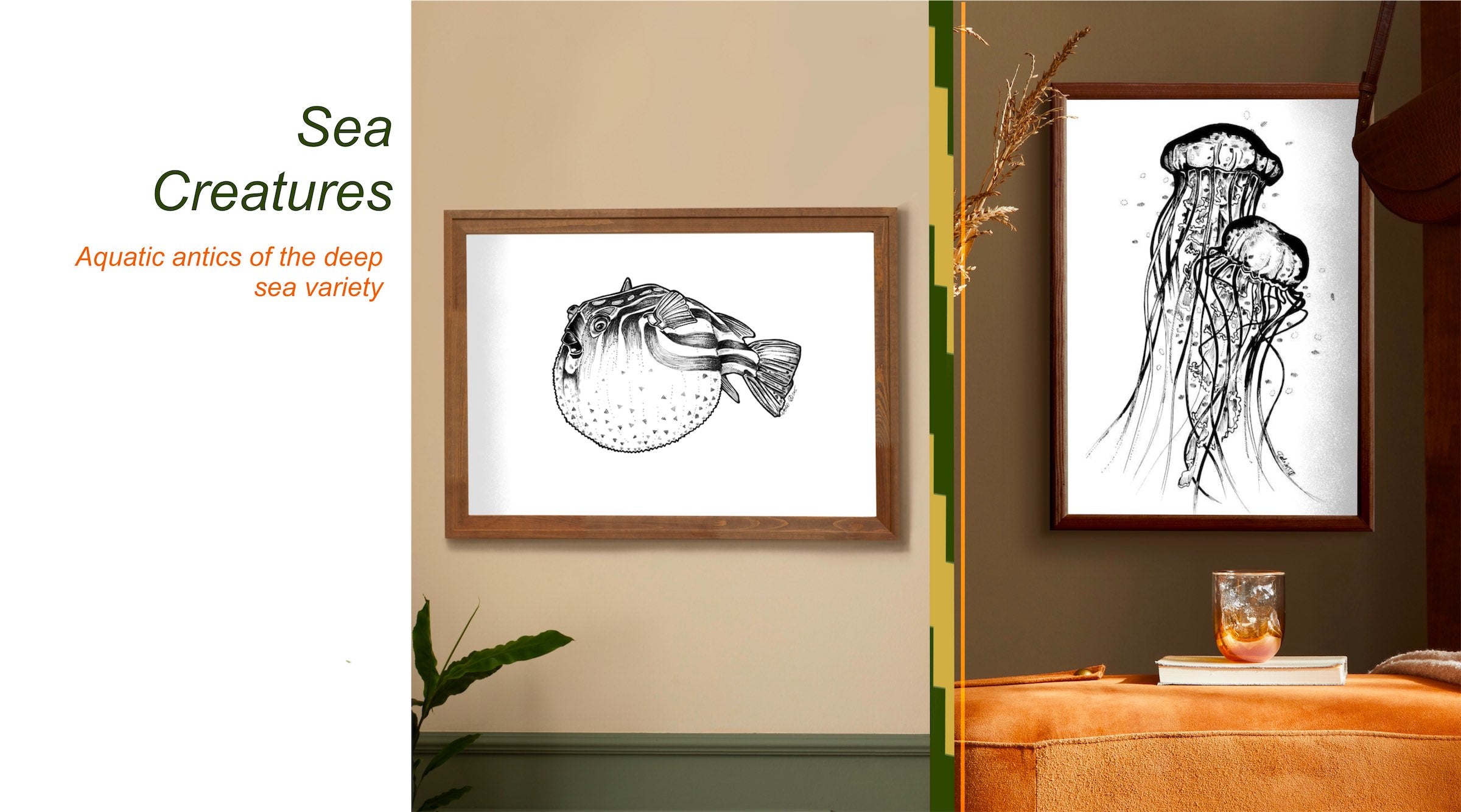 A jellyfish and a blowfish framed art