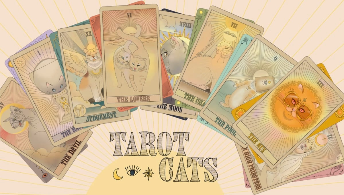 A spread of colorful tarot cards featuring various cats in place of traditional symbols, with the text "TAROT CATS" below.