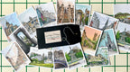 The Essential Edinburgh "Edinburgh Mini Print Set" includes 15 A6 original drawings, ideal as art prints or Scotland gifts, arranged with a black "Greetings Edinburgh" envelope on a white grid background.