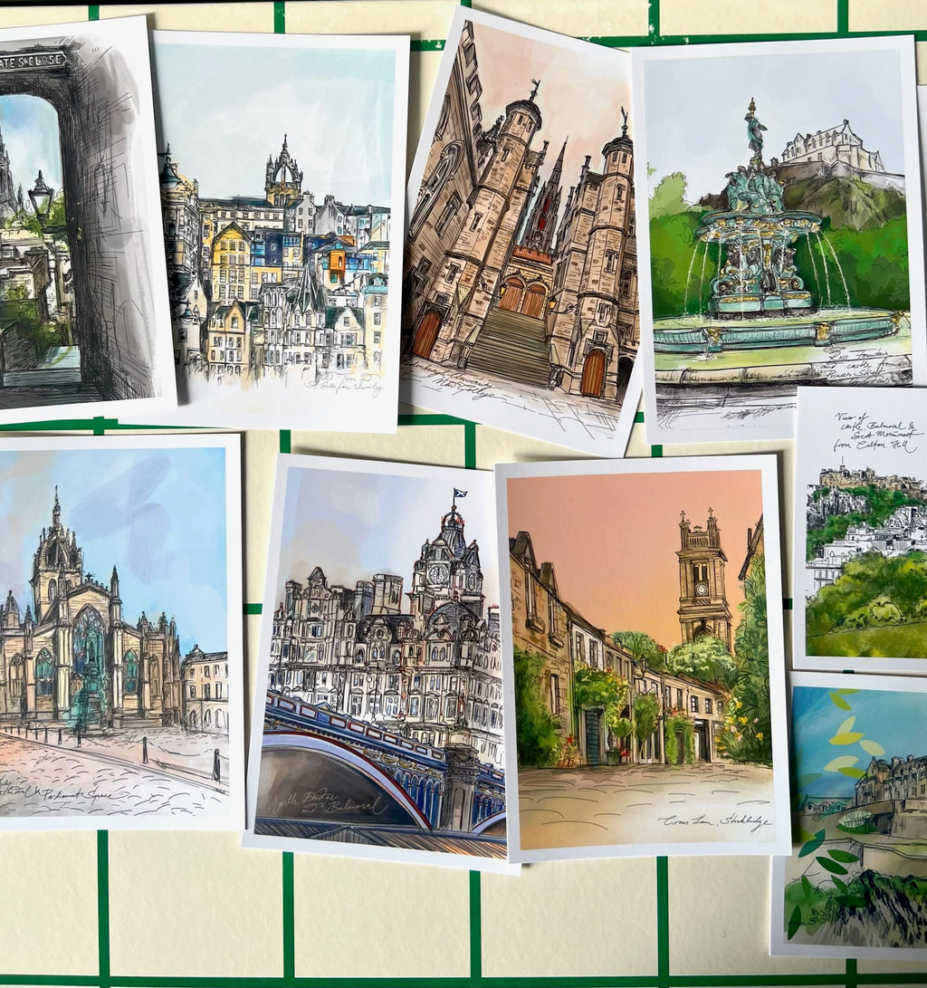 The Essential Edinburgh Mini Print Set features 15 A6 original drawings of European architecture and cityscapes—perfect as Edinburgh art prints or unique Scotland gifts—arranged on a gridded background.