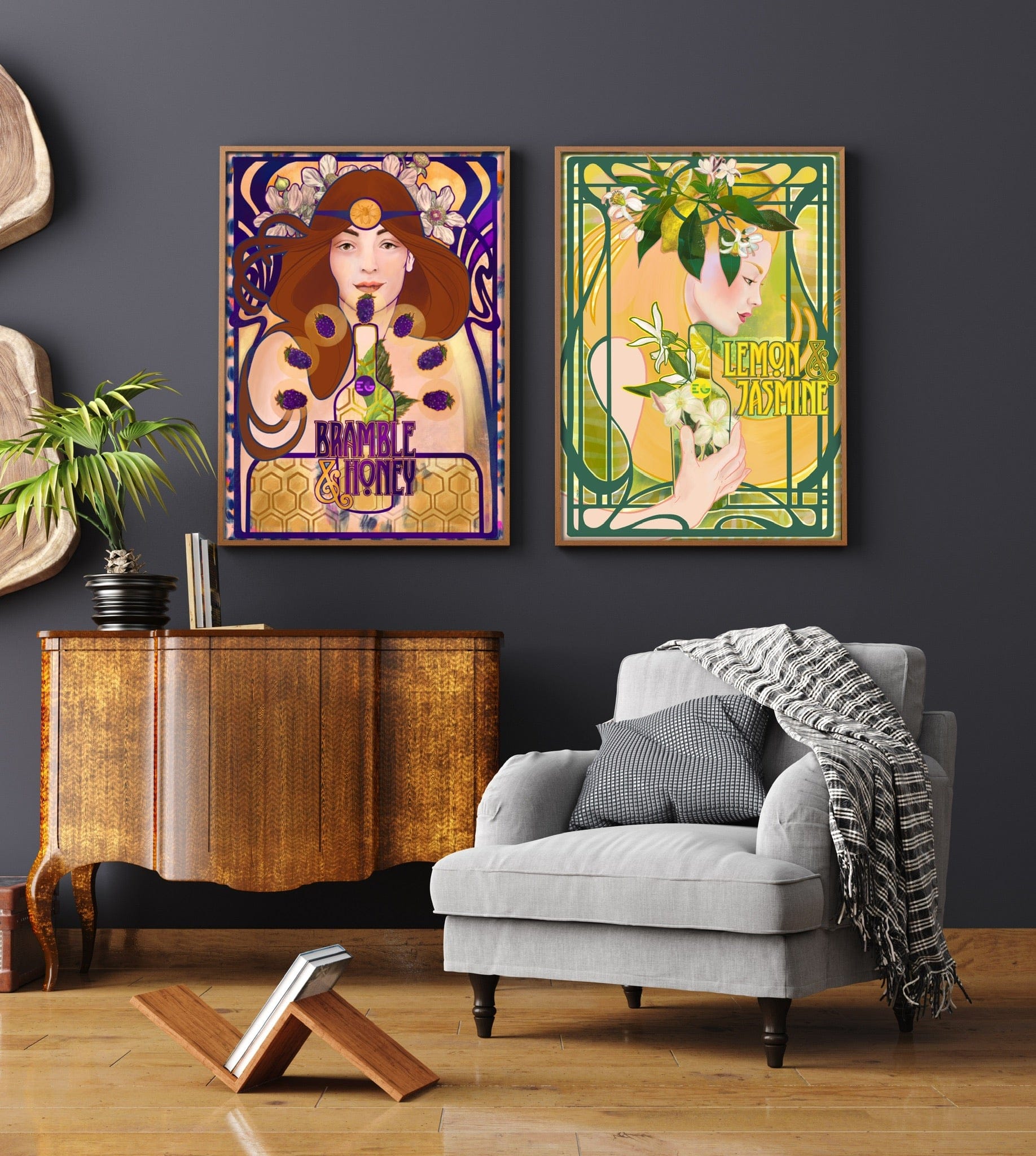 A modern living room features a gray armchair, wooden cabinet, and two Edinburgh Gin Giclée art prints—one 