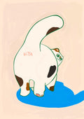 Sure! Here’s your rewritten sentence incorporating the provided product data: The Trudy Booty Patootie Cat Matte Art Print by Sketchy Strays features a cartoon cat with brown spots facing away and glancing back over its shoulder; “HIYA” appears on its rear as it stands in a blue puddle.