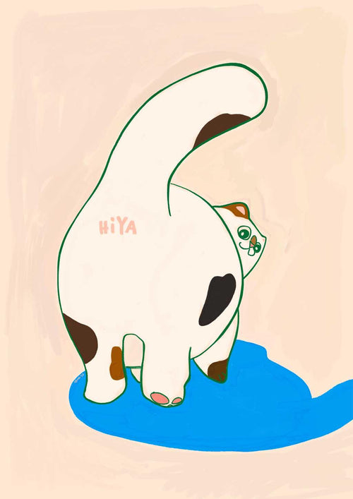 Sure! Here’s your rewritten sentence incorporating the provided product data: The Trudy Booty Patootie Cat Matte Art Print by Sketchy Strays features a cartoon cat with brown spots facing away and glancing back over its shoulder; “HIYA” appears on its rear as it stands in a blue puddle.