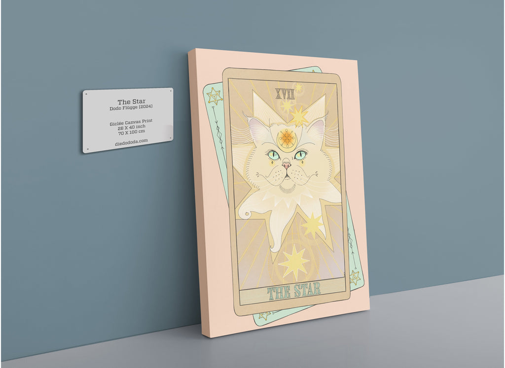 The Star Matte Canvas Print by Tarot Cats features a stylized star tarot cat as "The Star" card, inspired by vintage tarot art, on a light pink background and displayed with a plaque showing artwork details.