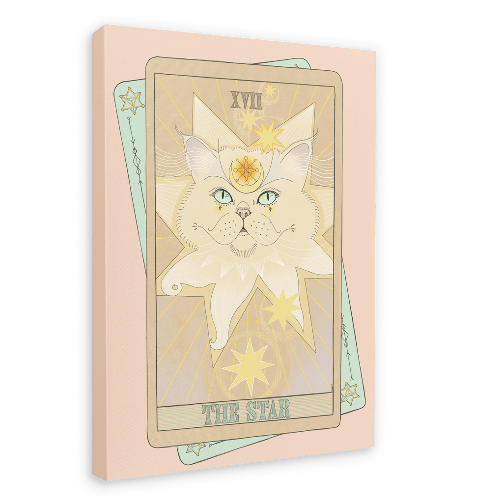 The Star Matte Canvas Print by Tarot Cats features a pastel illustration of a green-eyed cat with star motifs, designed in vintage tarot card style on a light background.