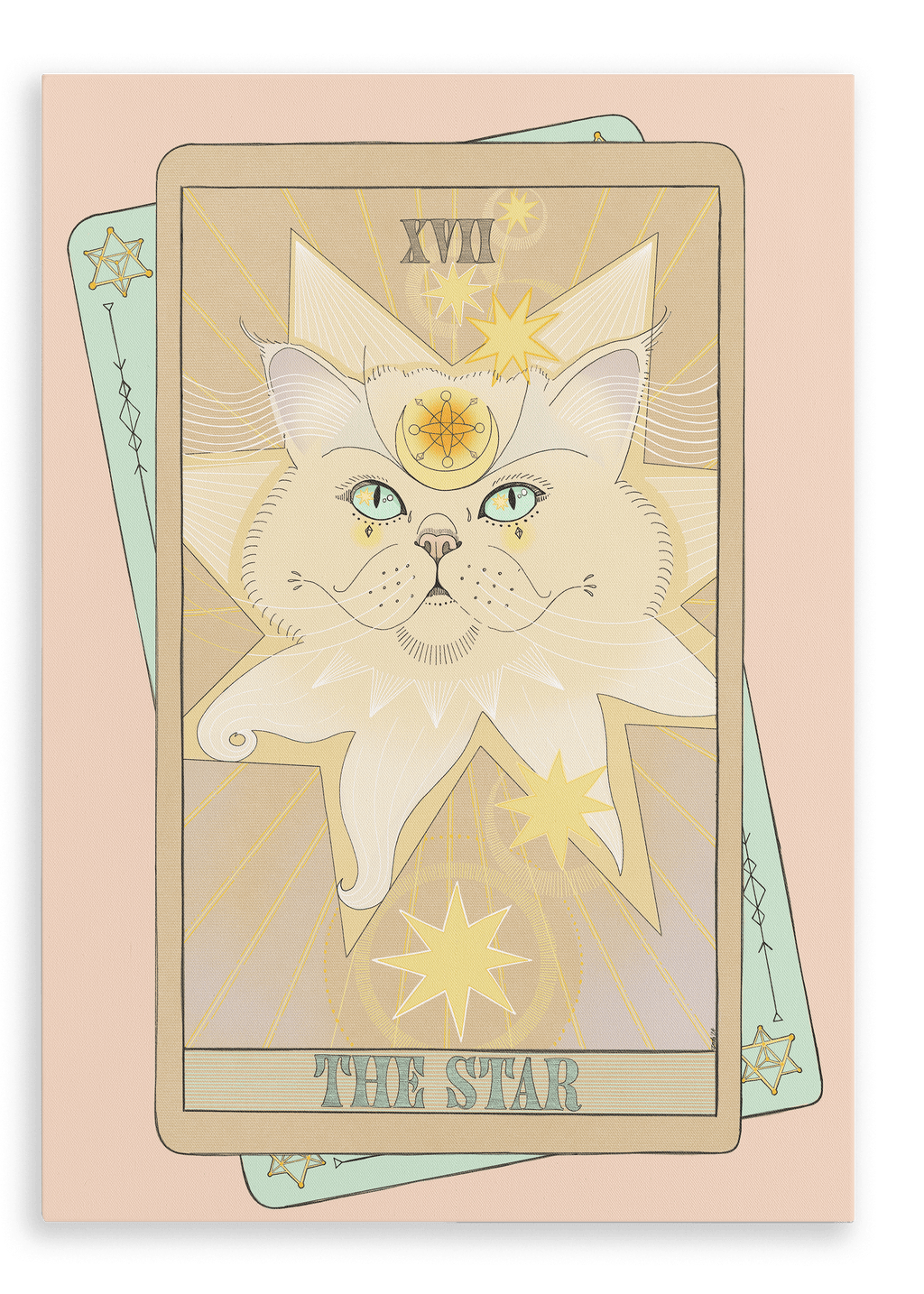 The Star Matte Canvas Print by Tarot Cats features a green-eyed tarot cat with a star on its forehead and radiating beams, set against vintage tarot illustrations and star motifs.