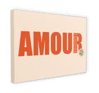 The Shromps Amour Matte Canvas Print features bold red "AMOUR" typography on beige, with a small green "Hôtel du Don" sticker on the right—ideal modern wall art for your gallery wall.