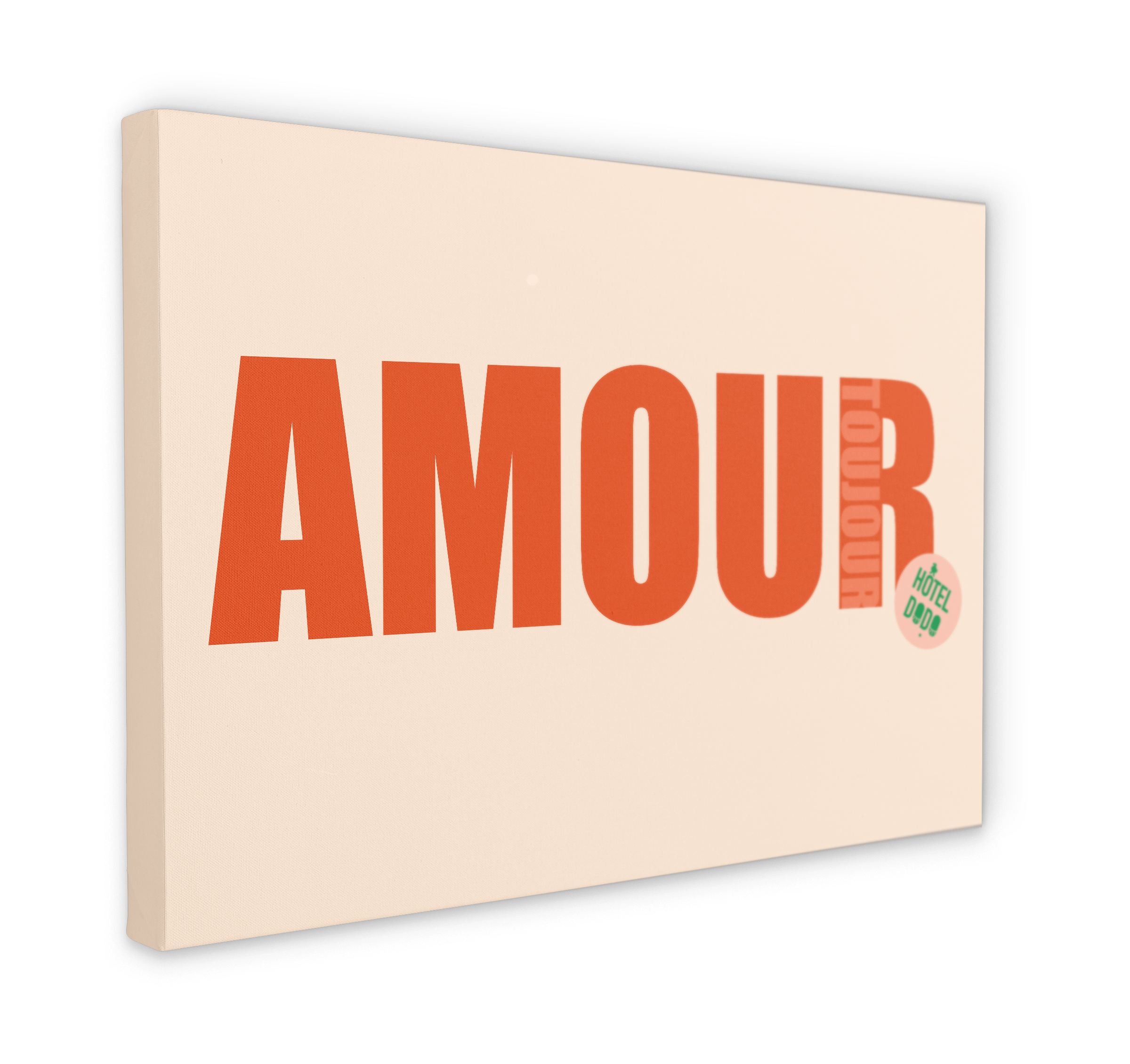 The Shromps Amour Matte Canvas Print features bold red "AMOUR" typography on beige, with a small green "Hôtel du Don" sticker on the right—ideal modern wall art for your gallery wall.