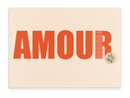 The Amour Matte Canvas Print by Shromps features “AMOUR” in bold red, rotated “toujours,” and a green “Hôtel DDDB” sticker. A stylish modern addition to your gallery wall.
