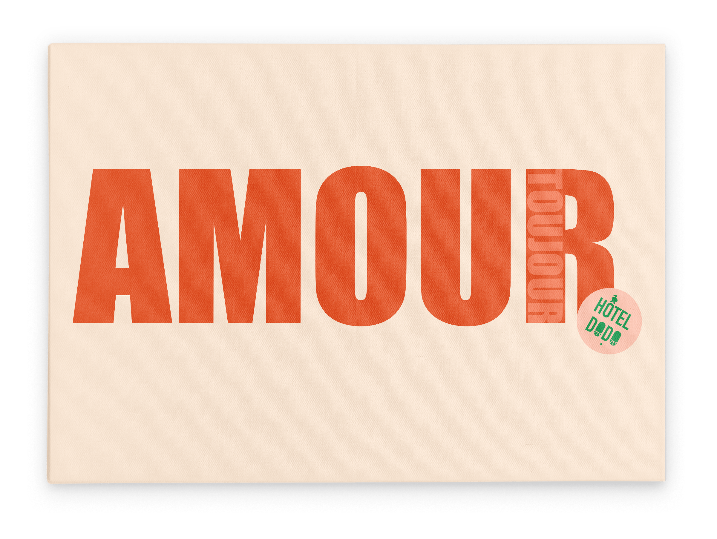 The Amour Matte Canvas Print by Shromps features “AMOUR” in bold red, rotated “toujours,” and a green “Hôtel DDDB” sticker. A stylish modern addition to your gallery wall.