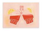 The Cin Cin Matte Canvas Print by Shromps features two illustrated cocktail glasses with lemon wedges clinking under "CIN CIN" text on a light pink background, ideal for fans of retro-inspired holiday decor.
