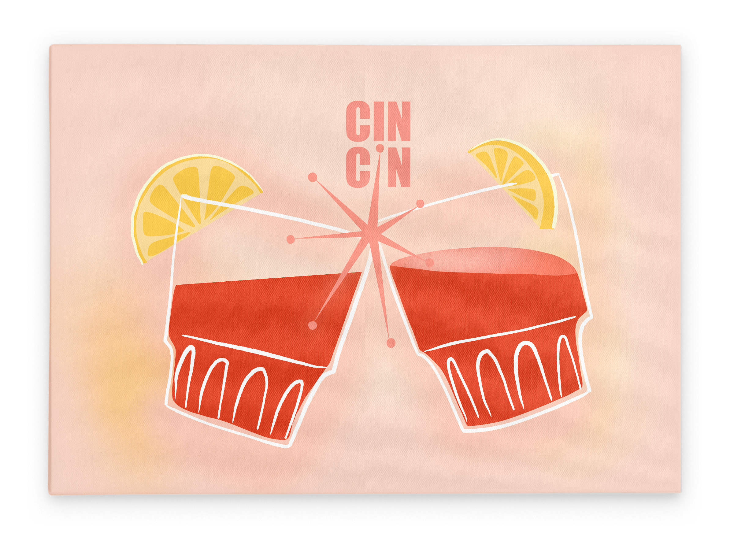 The Cin Cin Matte Canvas Print by Shromps features two illustrated cocktail glasses with lemon wedges clinking under "CIN CIN" text on a light pink background, ideal for fans of retro-inspired holiday decor.