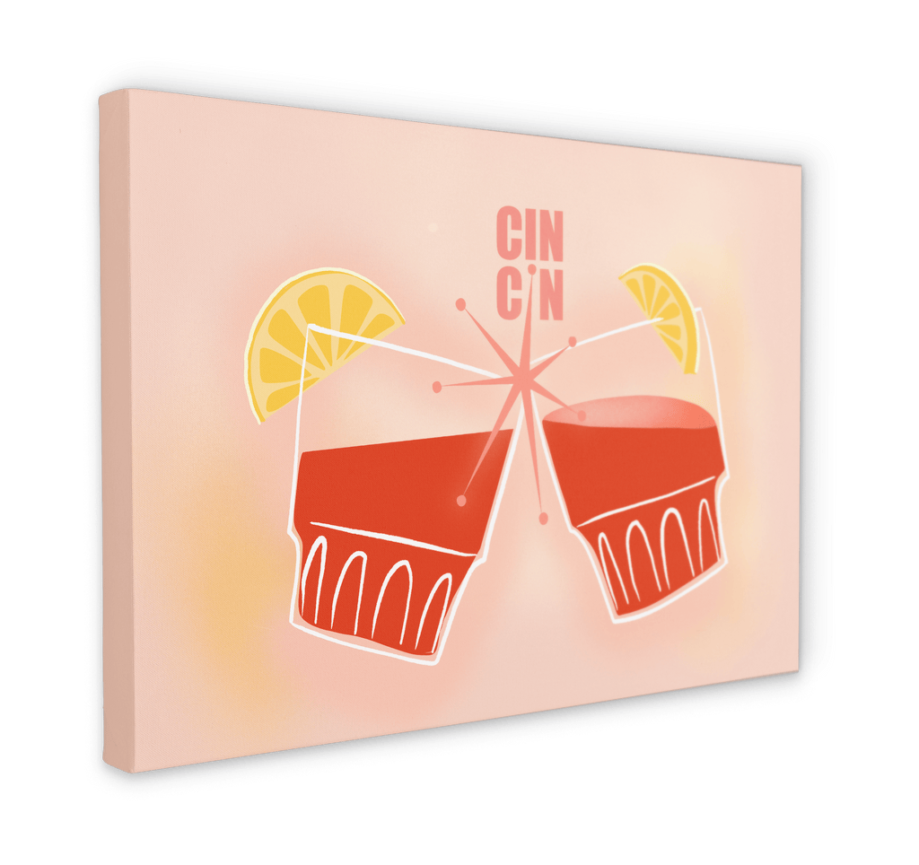 Add retro charm to any space with the Shromps Cin Cin Matte Canvas Print—featuring two red cocktails with lemon slices clinking under "CIN CIN" on a pink background, ideal for nostalgic holiday or tropical resort decor.
