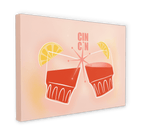 Add retro charm to any space with the Shromps Cin Cin Matte Canvas Print—featuring two red cocktails with lemon slices clinking under "CIN CIN" on a pink background, ideal for nostalgic holiday or tropical resort decor.