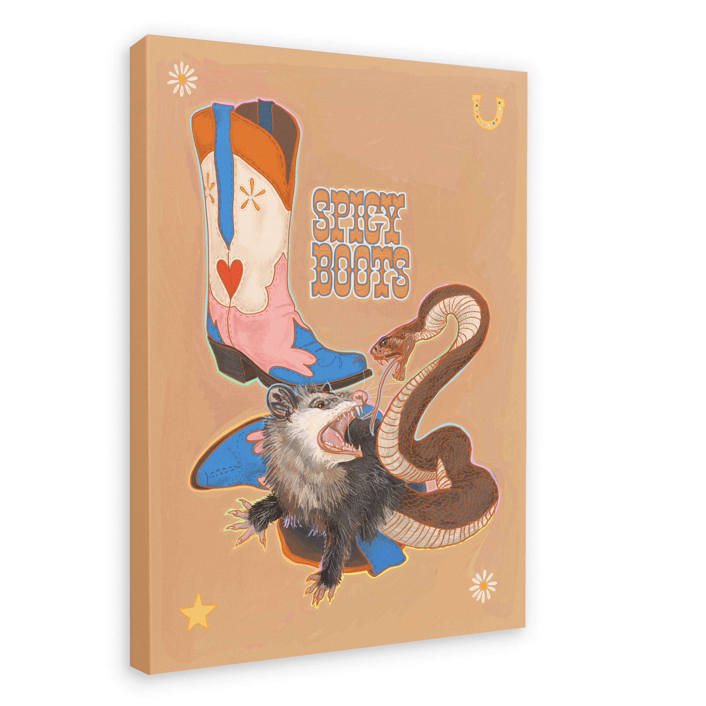 Illustration on a Spicy Boots Giclée Canvas Print by Kitsch Kanaveral showing a stylized raccoon facing a snake in a showdown, both positioned around colorful, distorted shapes and text reading 