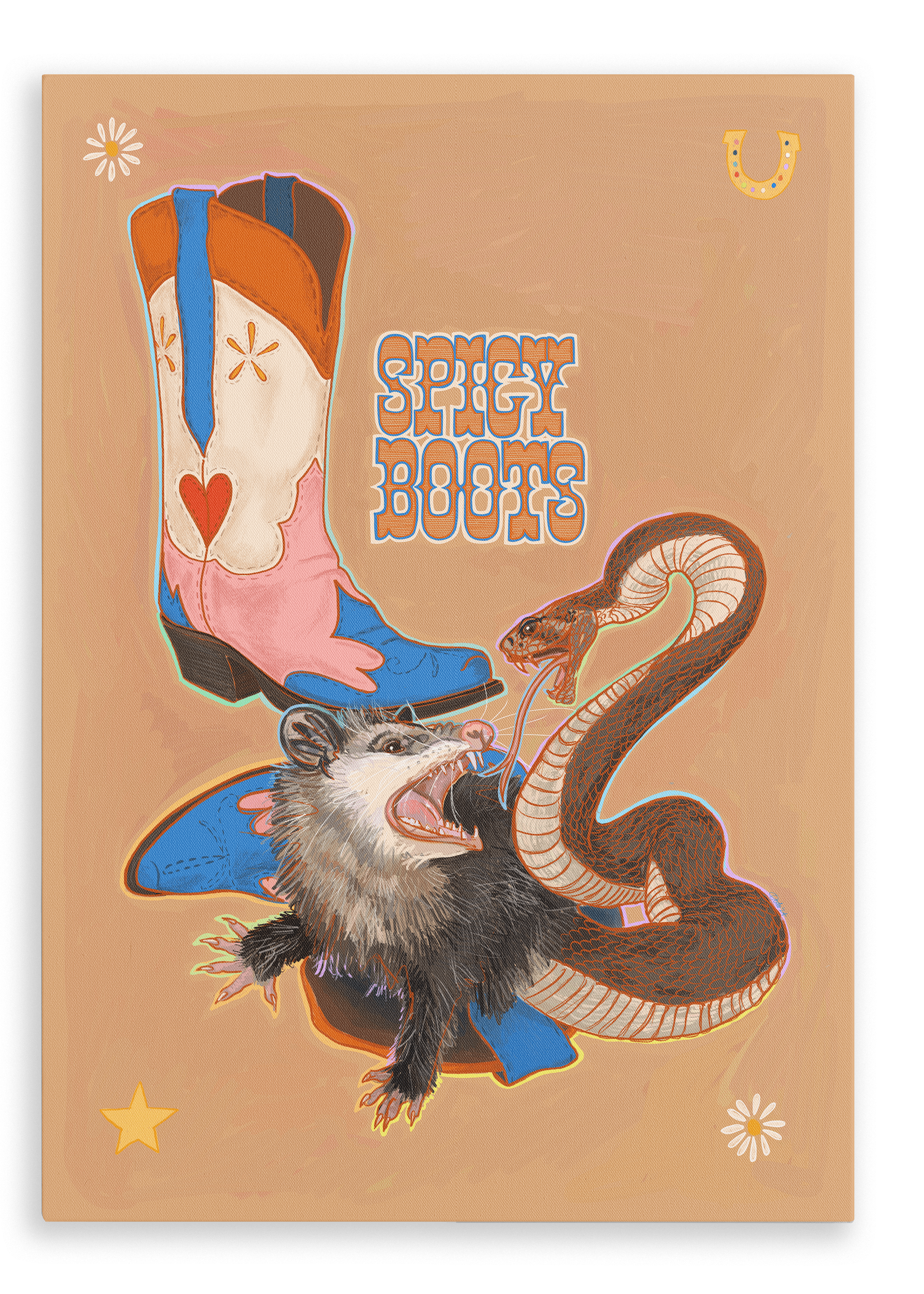 Illustration of a western-themed poster featuring a pair of cowboy boots, a hissing snake, and an angry possum, with the text 