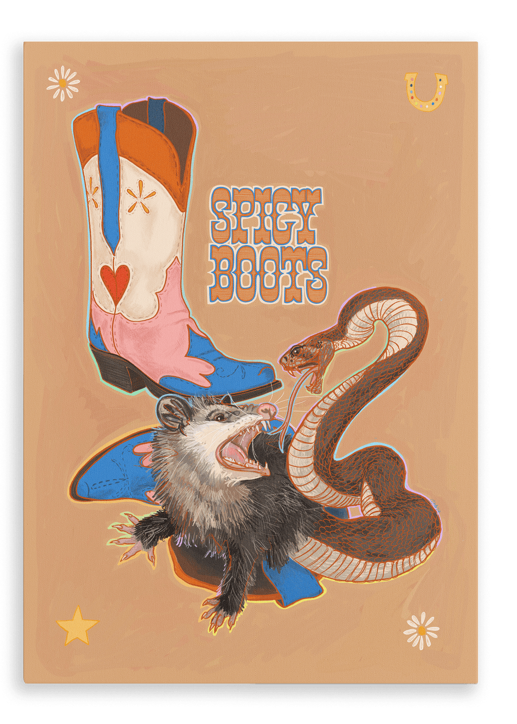 Illustration of a western-themed poster featuring a pair of cowboy boots, a hissing snake, and an angry possum, with the text "showdown at Kitsch Kanaveral" in stylized font.
