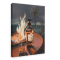 Scottish Riviera Canvas Print by Hôtel Dodo, featuring a breathtaking scene of a 15-year-old Scotch whisky bottle and glass on a table near an outdoor fire, set against the backdrop of gently swaying palm trees.