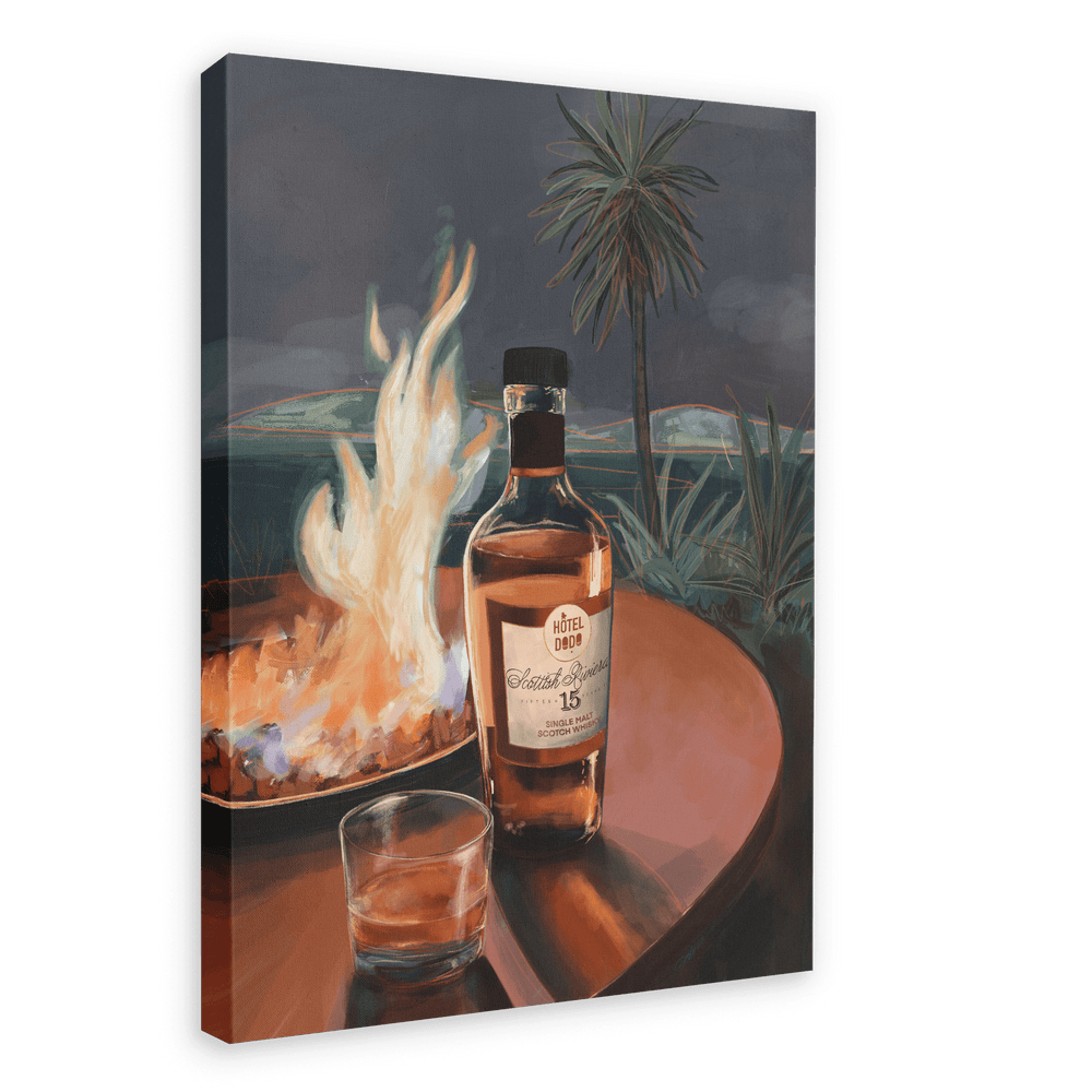 Scottish Riviera Canvas Print by Hôtel Dodo, featuring a breathtaking scene of a 15-year-old Scotch whisky bottle and glass on a table near an outdoor fire, set against the backdrop of gently swaying palm trees.