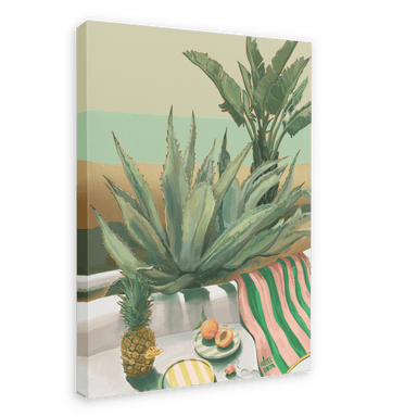 Framed artwork titled Âllo Aloe (feat. Pineapple Duckie) by Hôtel Dodo, featuring a tropical scene with green plants, a pineapple, a cut peach, and a green and pink striped towel captured on canvas.