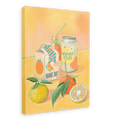 Illustration of assorted beverages, including orange juice and mandarin-yuzu drink, alongside two citrus fruits with leaves on an orange background, showcasing vibrant citrus varieties in the Juicy Fruit Giclée Canvas Print by Hôtel Dodo.