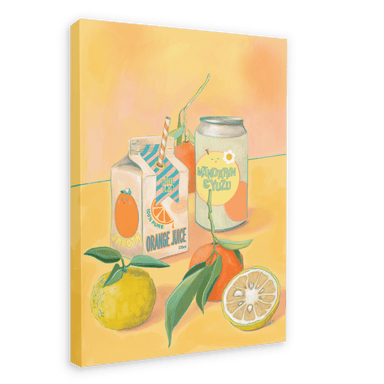 Illustration of assorted beverages, including orange juice and mandarin-yuzu drink, alongside two citrus fruits with leaves on an orange background, showcasing vibrant citrus varieties in the Juicy Fruit Giclée Canvas Print by Hôtel Dodo.