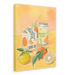 Illustration of assorted beverages, including orange juice and mandarin-yuzu drink, alongside two citrus fruits with leaves on an orange background, showcasing vibrant citrus varieties in the Juicy Fruit Giclée Canvas Print by Hôtel Dodo.