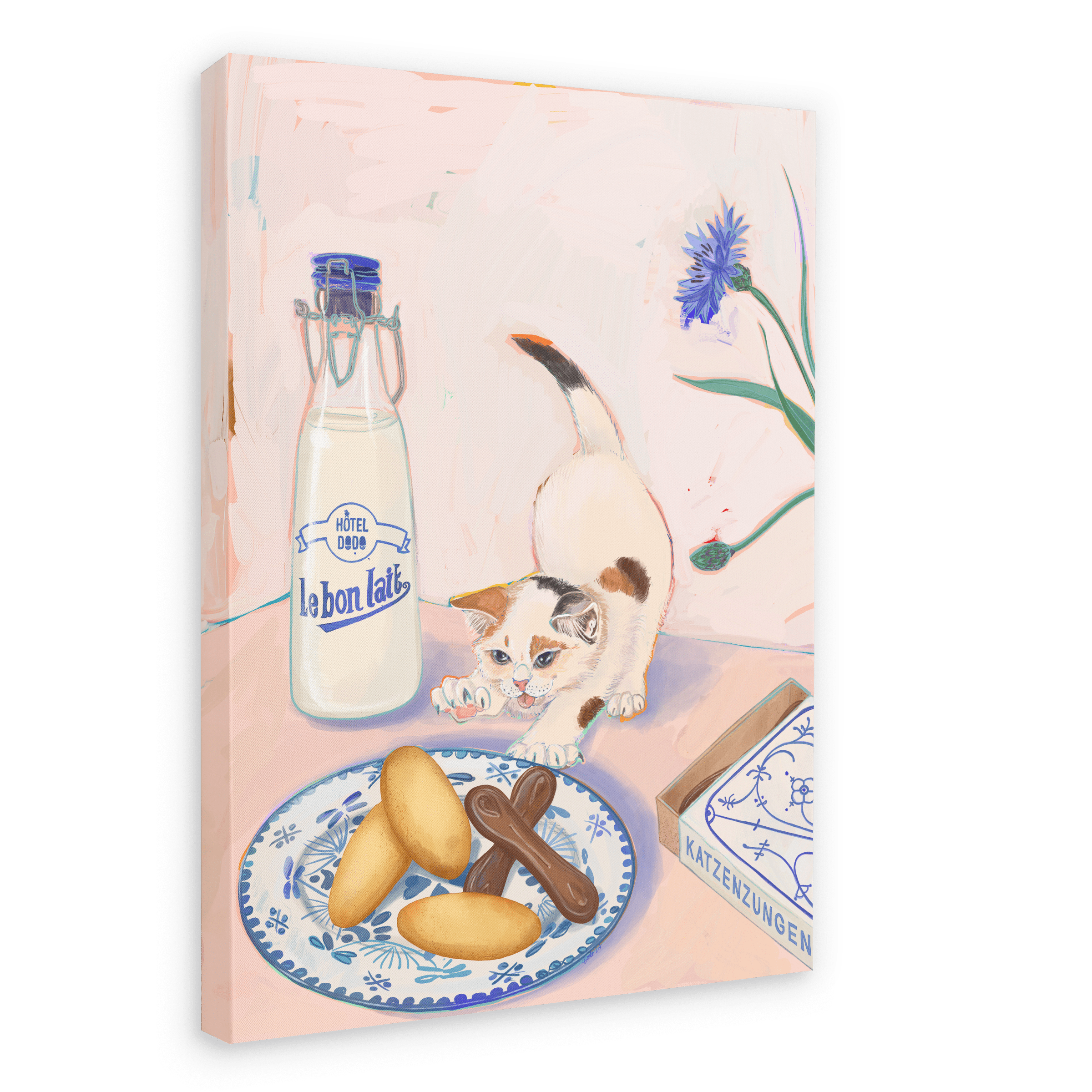 A kitten reaches for pastries on a plate beside a bottle of milk and a box labeled 